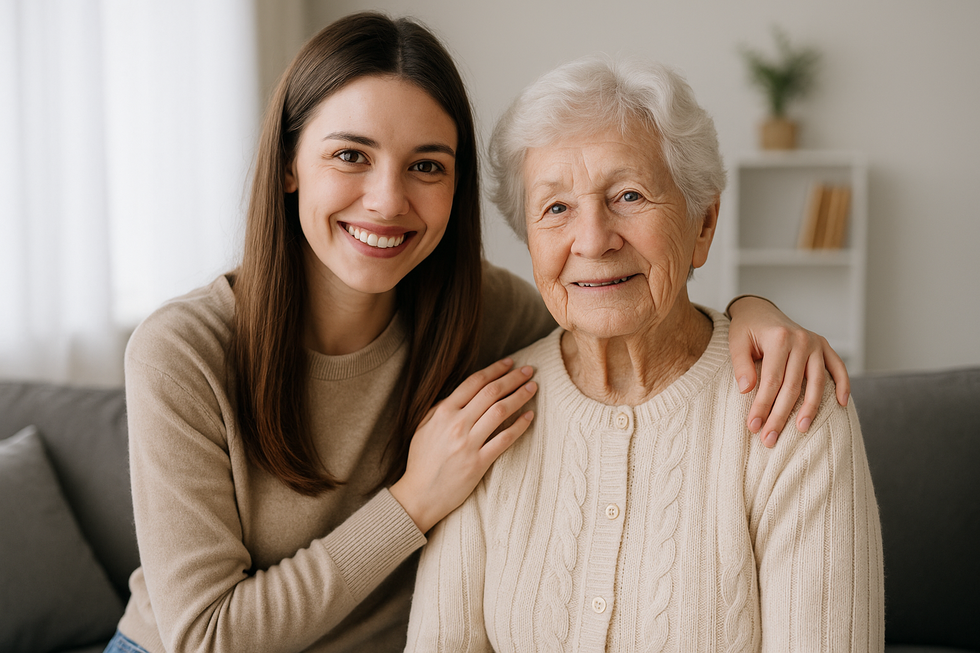 Adult grandchild sitting with elderly grandmother at home, smiling and showing love and support.