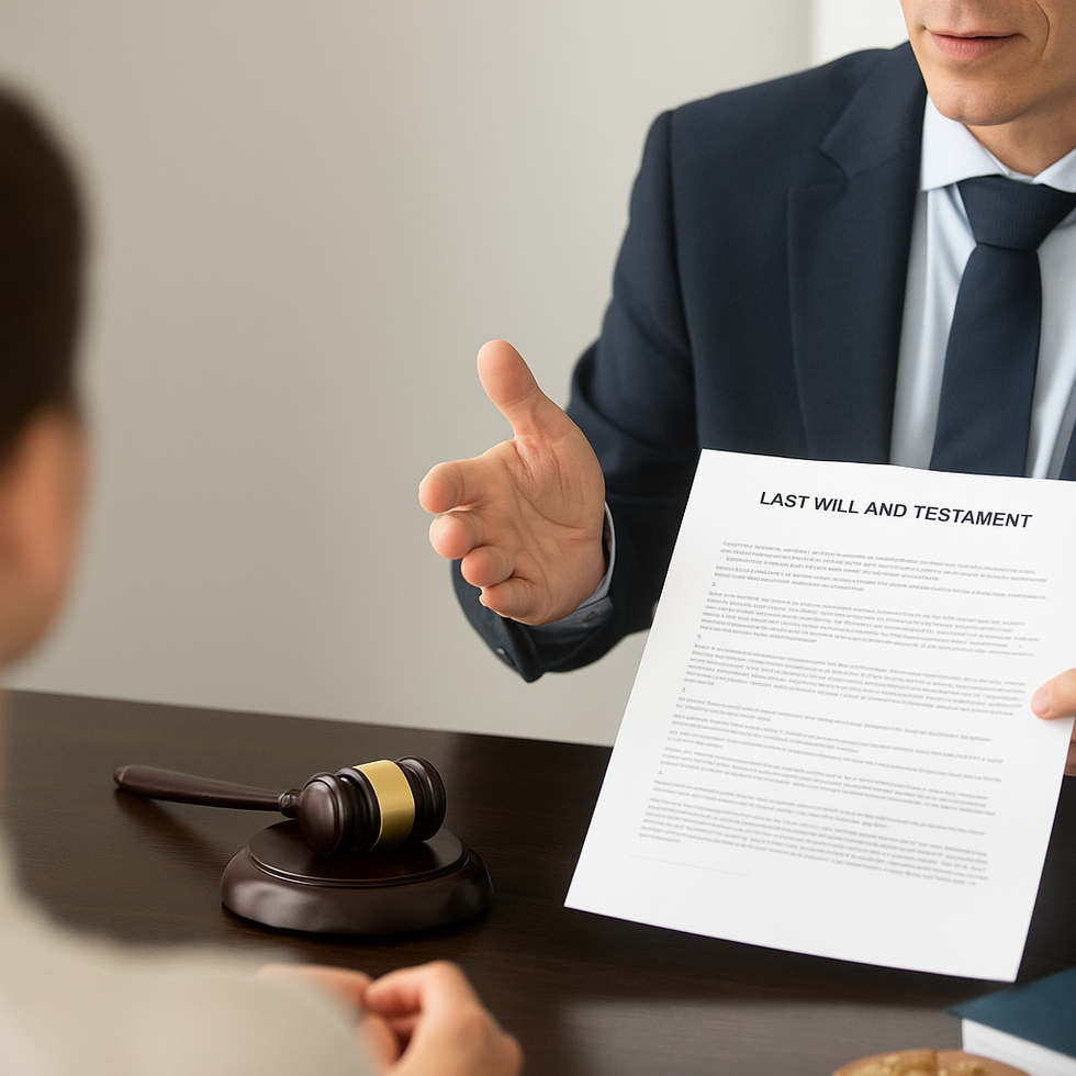Florida probate attorney reviewing contested will documents with client.