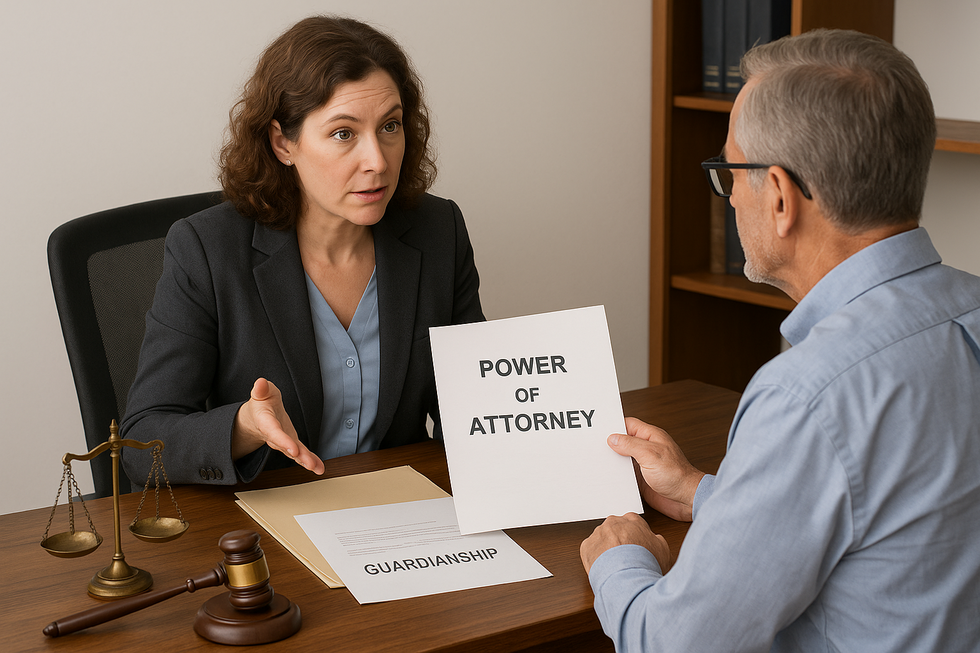 Florida guardianship attorney meeting with elderly client and family to discuss power of attorney and guardianship documents.