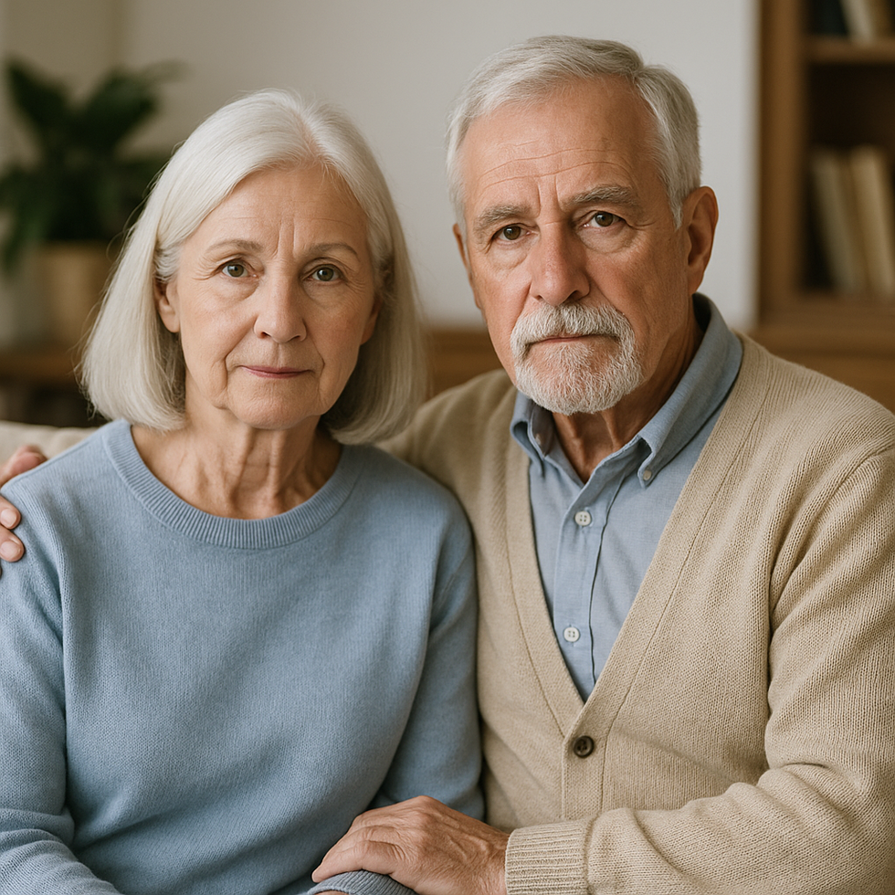 Elderly couple sitting close on a couch in a warmly lit living room, looking calmly at the camera before Elective Share dispute.