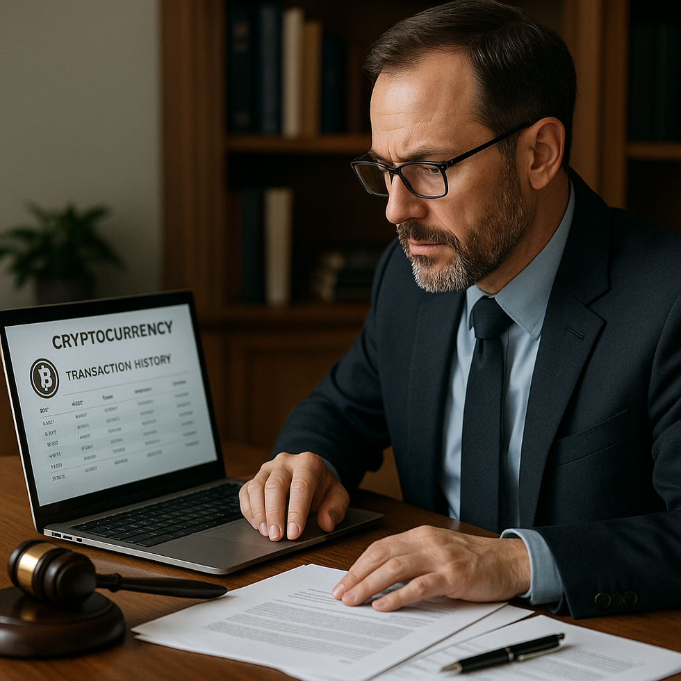 Probate attorney reviewing crypto wallet data on a laptop during probate case in Florida.