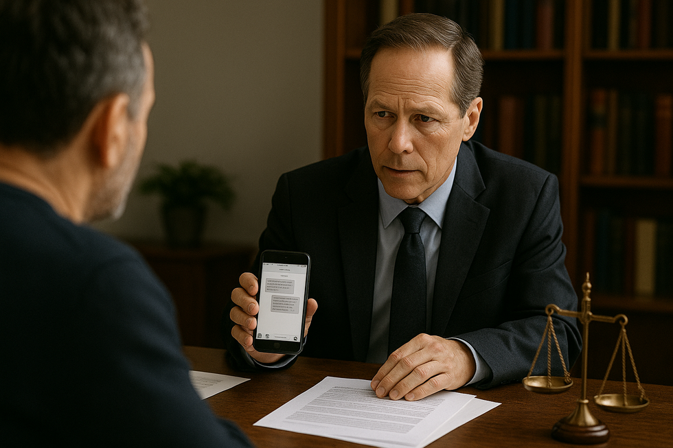 Probate attorney reviewing text messages and medical files on a tablet during a will contest in Florida.