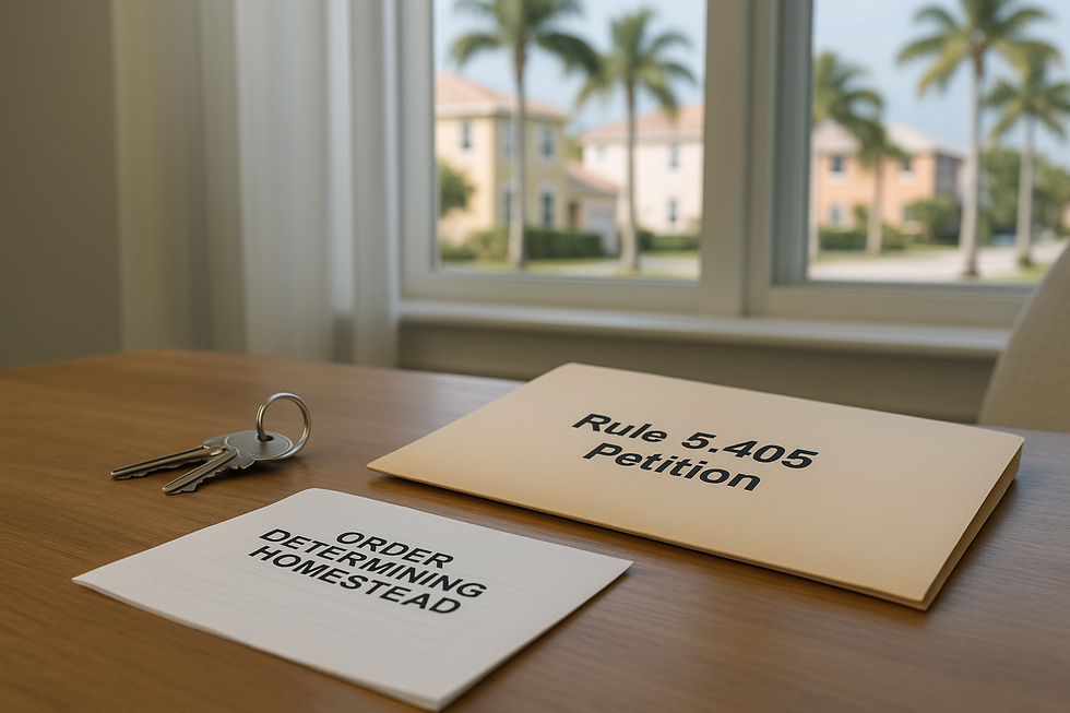 Fort Lauderdale home with court documents and keys on a table, symbolizing a Florida homestead inheritance dispute