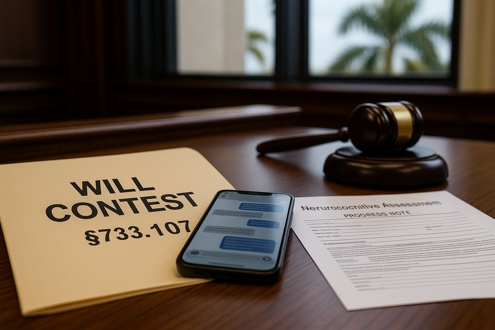 Close-up of a Broward courtroom desk with a case file labeled “Will Contest,” a smartphone with messages, and medical chart pages beside a gavel.