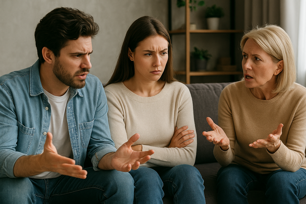 Three people sitting on a couch arguing, with tense expressions and hand gestures, representing a family dispute.