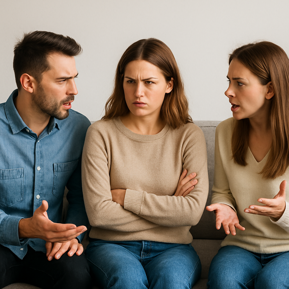 Three siblings sitting on a couch engaged in a heated discussion, symbolizing a family dispute over a parent’s will.