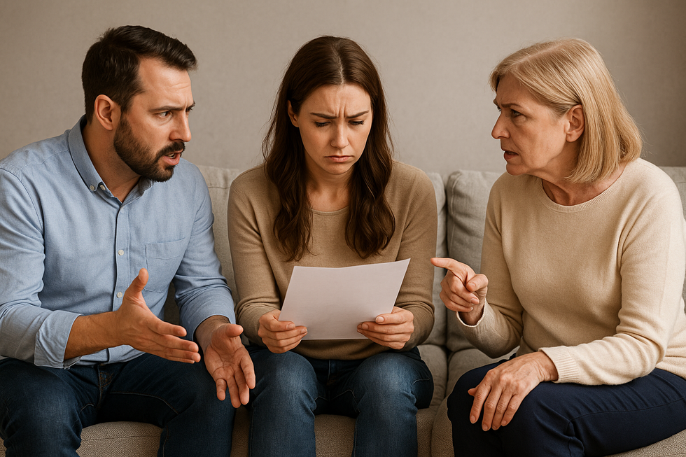 Three people sitting on a couch in a heated discussion, symbolizing concerns about an executor refusing to provide an accounting.
