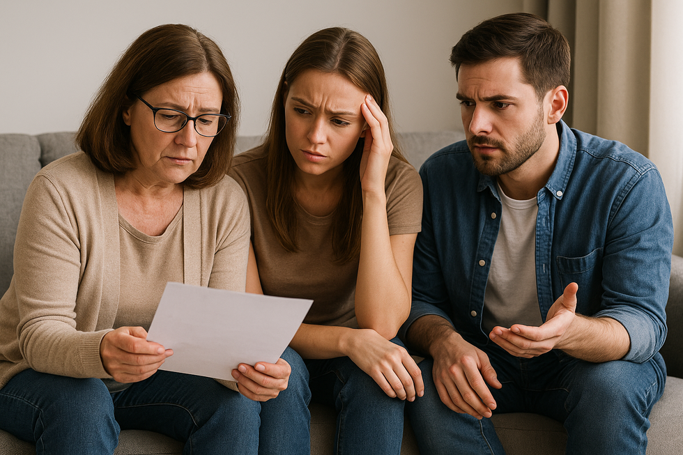 Three family members sitting on a couch in a tense discussion, symbolizing a blended family dispute over a will.