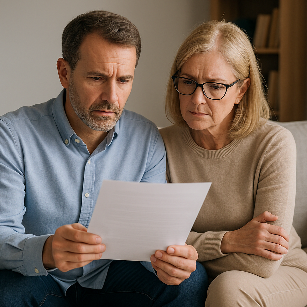 Middle-aged couple sitting on a couch reviewing a document with serious expressions, symbolizing estate planning considerations before remarrying in Florida.