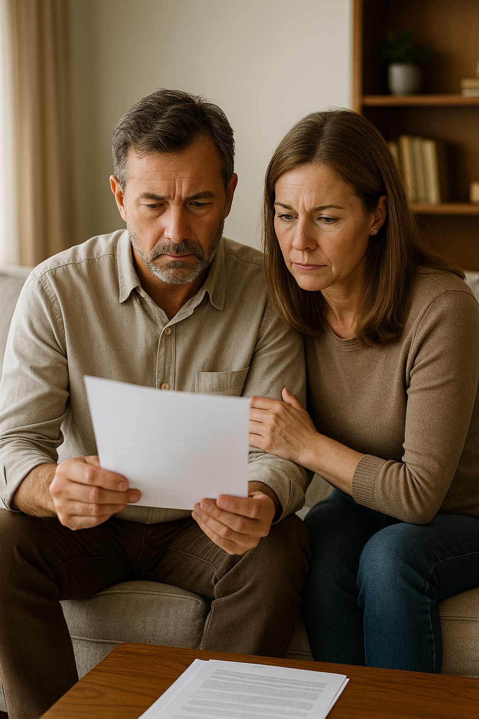 Middle-aged couple sitting on a couch examining documents together, representing Florida residents choosing between a trust and a Lady Bird Deed.