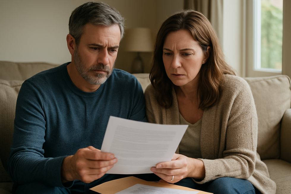Middle-aged couple sitting on a couch reviewing documents with concerned expressions, representing Medicaid estate recovery planning in Florida.