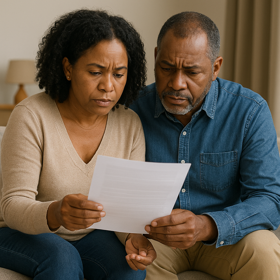 Middle-aged couple sitting on a couch reviewing documents with focused expressions, representing steps to avoid guardianship in Florida.