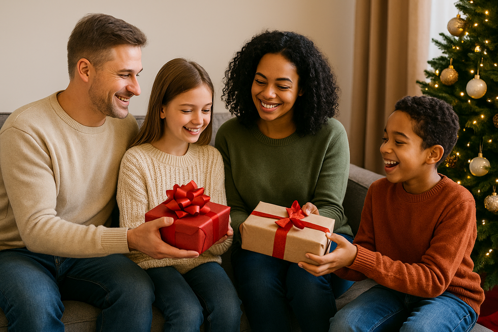 A family sitting near a decorated holiday tree exchanging wrapped gifts, symbolizing the annual gift tax exclusion during the holiday season.