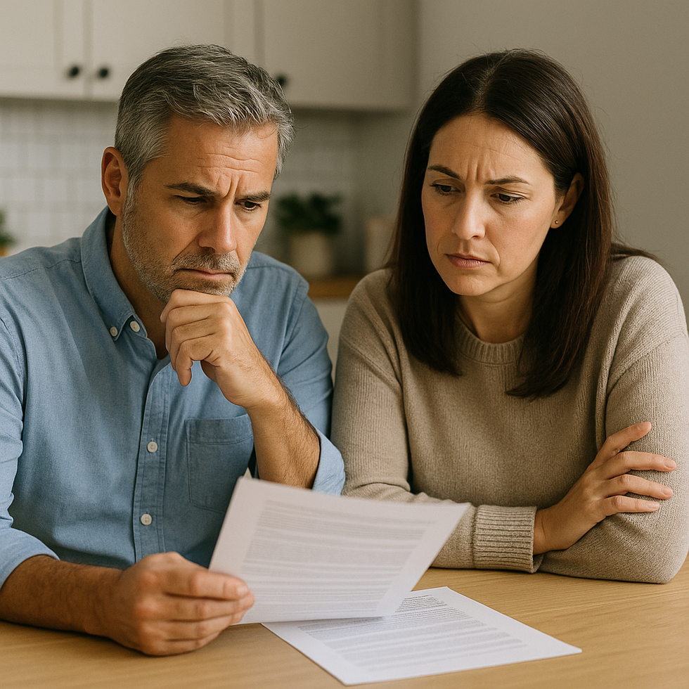 Two adults sitting at a table reviewing documents with thoughtful expressions, representing a discussion about removing a trustee in Florida.