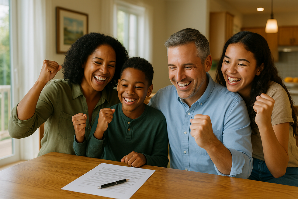 A smiling family gathered around a table, raising their fists in celebration with signed documents in front of them, representing successful estate planning.