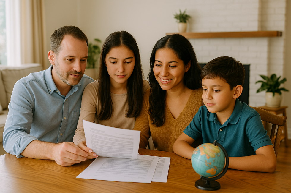 A family sitting around a table reviewing documents and a small globe representing international estate planning in Florida.