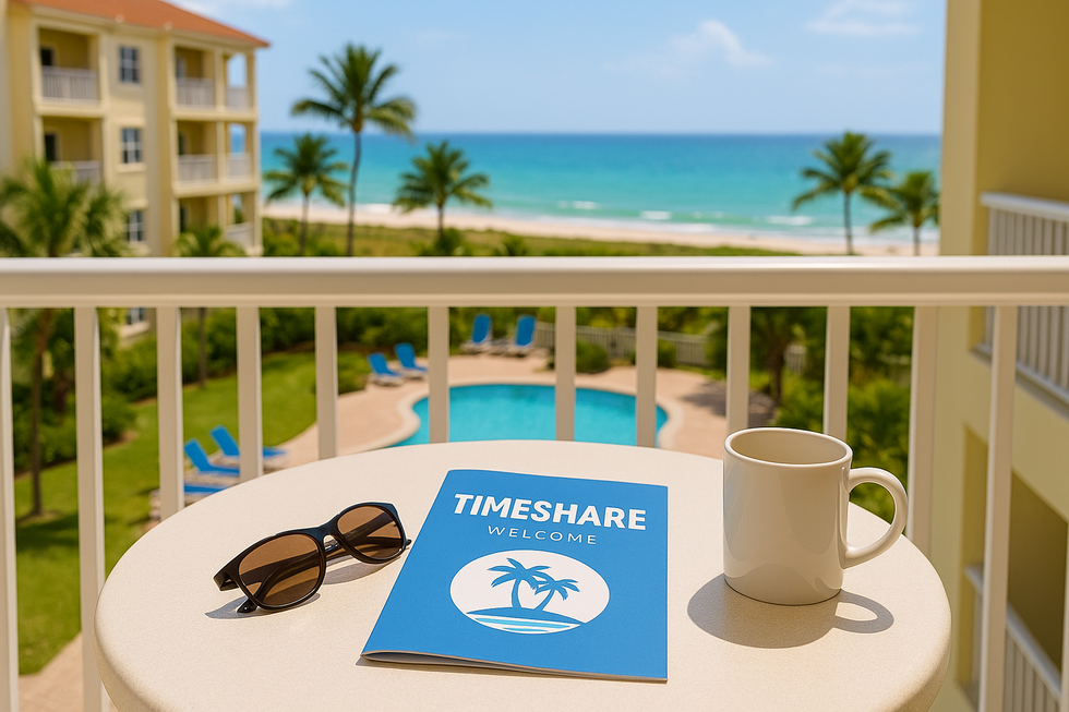 Sunglasses and a timeshare welcome packet on a balcony table at a Florida resort, symbolizing estate planning for timeshares.