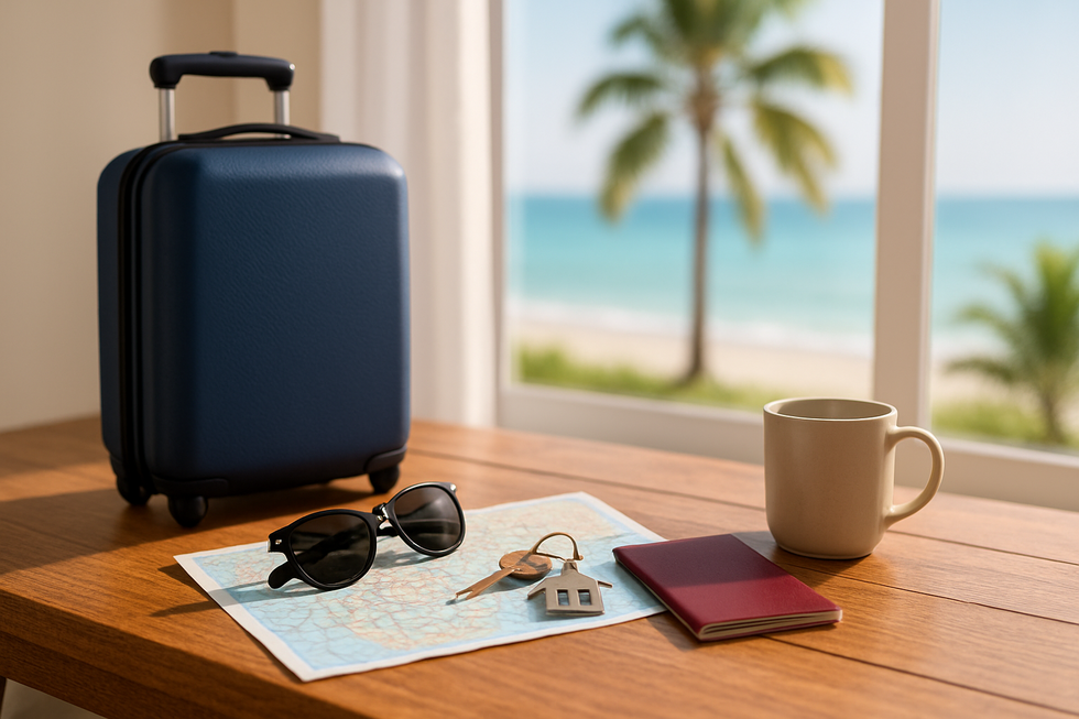 Suitcase sunglasses map and house keys on a table with a Florida beach view representing snowbird probate planning.