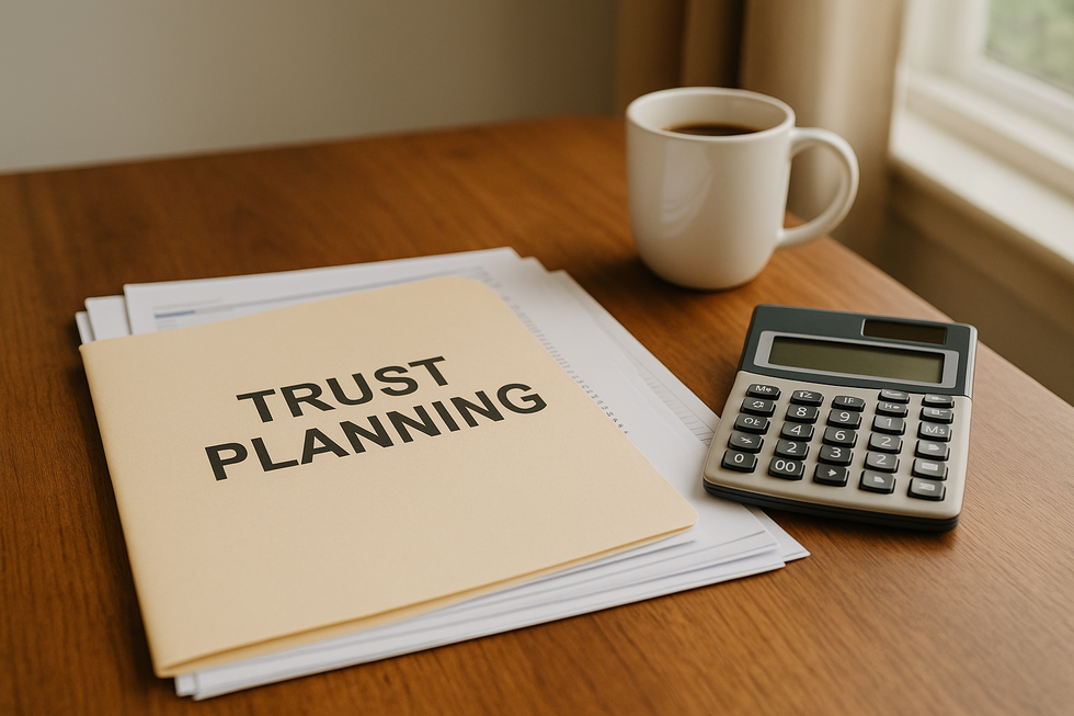 Trust planning folder and calculator on a wooden table symbolizing Florida Qualified Income Trust preparation for Medicaid.