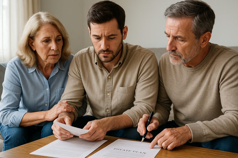 Florida parents and adult child reviewing estate planning documents at home