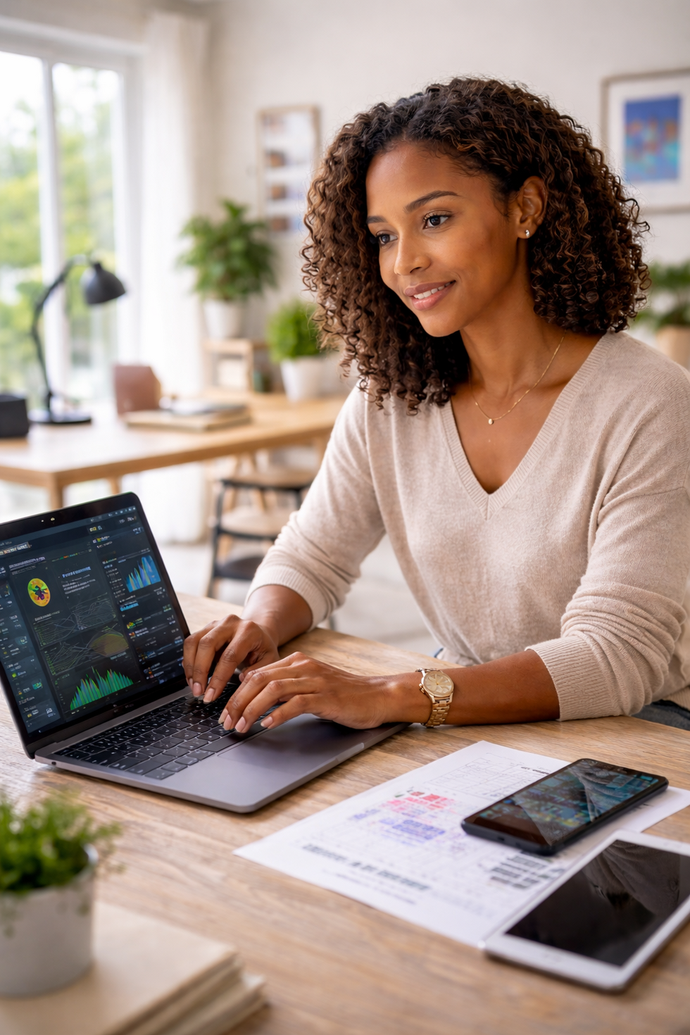 Woman working on a computer managing and protecting digital assets