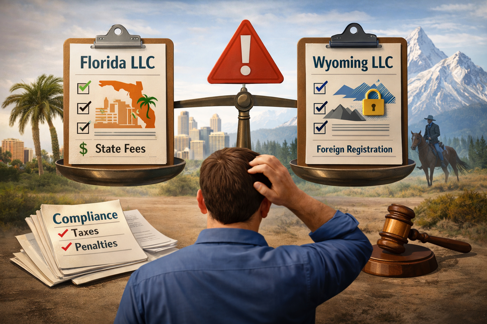 Florida resident comparing Florida LLC and Wyoming LLC with warning symbol and compliance paperwork.