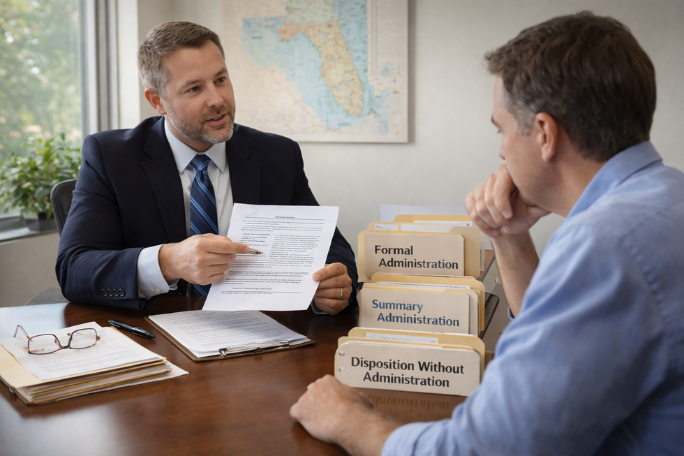 Florida attorney explaining probate options including formal and summary administration to a client.