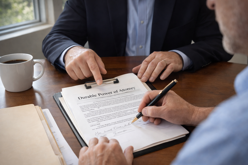 Person signing a Durable Power of Attorney document with guidance from a lawyer.