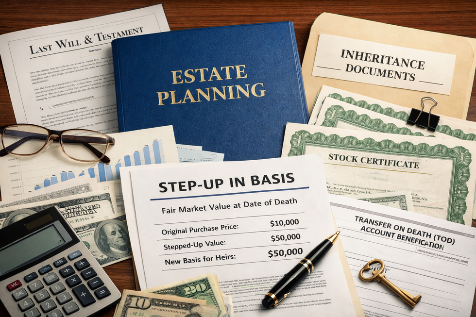 Illustration of estate planning documents showing tax benefits of step-up in basis for inherited assets