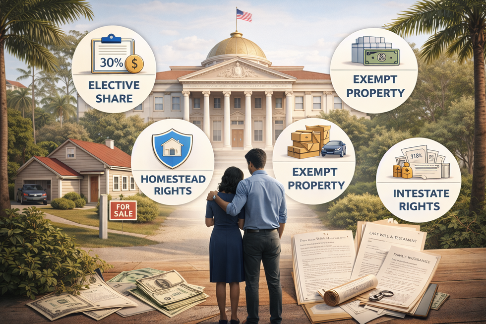 Illustration of Florida probate protections showing a courthouse, home, and legal documents representing elective share, homestead rights, exempt property, and family allowance for surviving spouses.