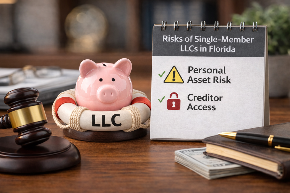 Legal documents and gavel representing risks of single member LLC asset protection in Florida