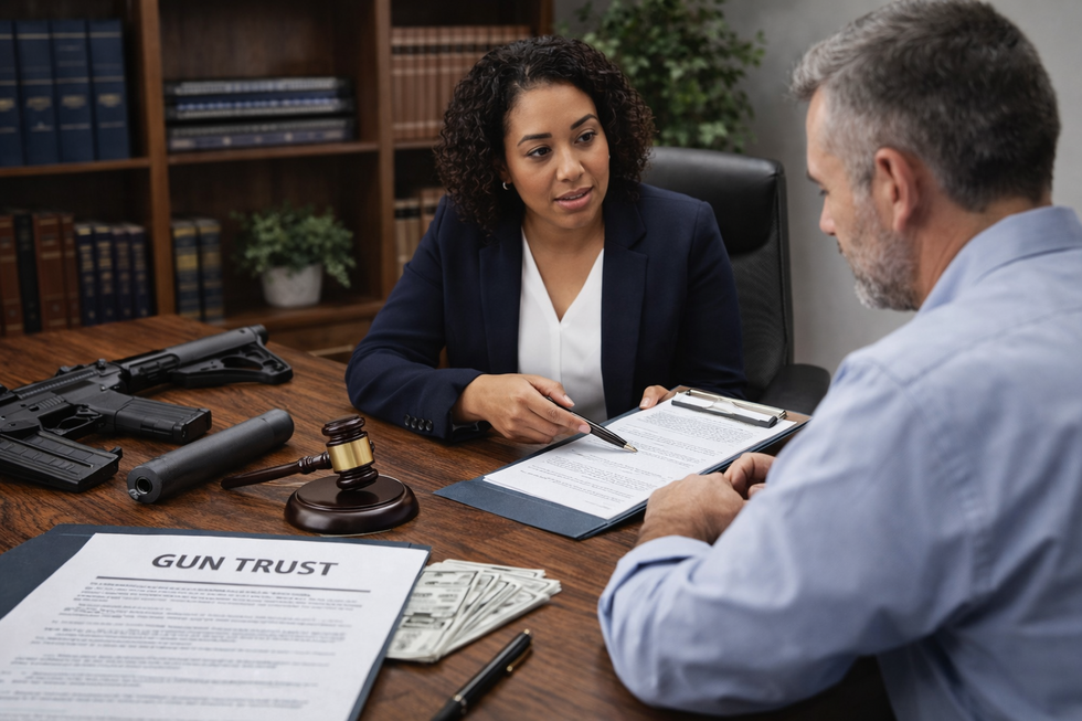 Miami Lakes estate planning attorney reviewing firearm trust documents with client Title: Florida Gun Trust Planning