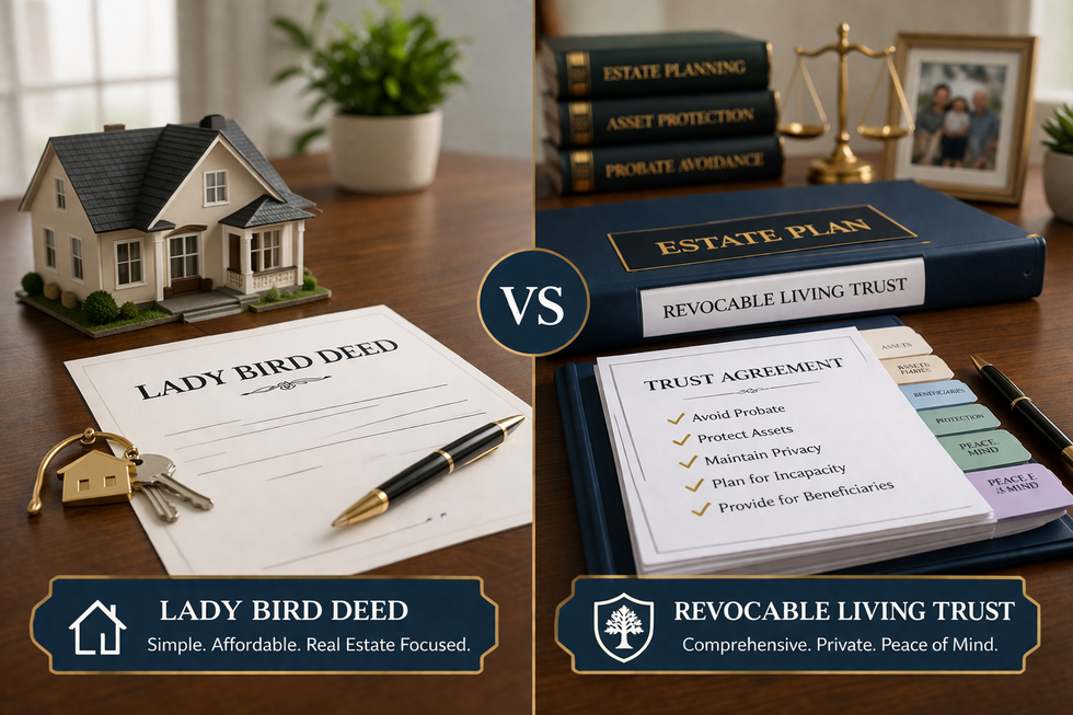 Estate planning comparison showing real estate transfer and trust documents in a professional office setting
