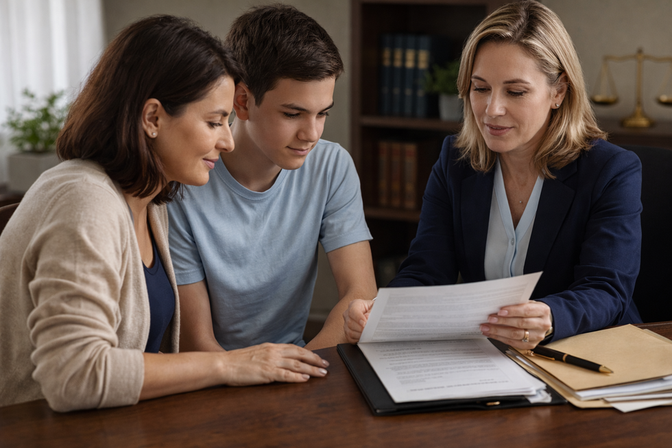 Miami Lakes guardianship attorney reviewing legal documents with parent and young adult
