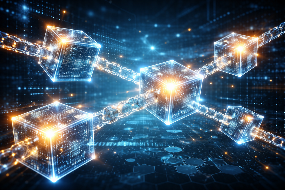 Abstract blockchain network with connected digital blocks representing cryptocurrency, DAO LLC structure, and digital asset planning