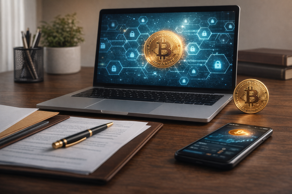 Laptop and Bitcoin coin representing digital asset estate planning in Florida