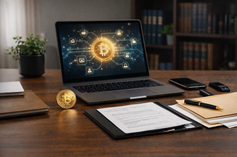Bitcoin and blockchain displayed on laptop for digital estate planning