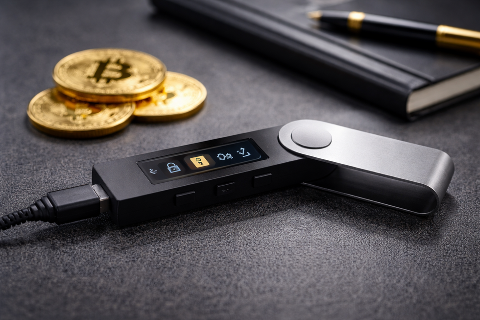 Bitcoin coin and digital blockchain displayed on laptop for estate planning