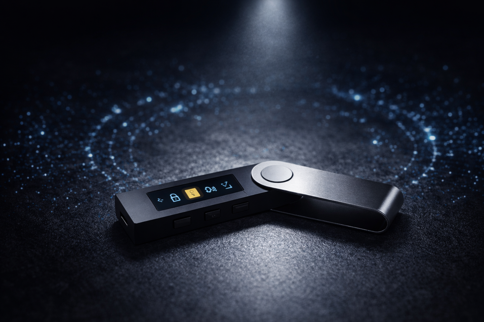 Hardware crypto wallet illuminated in a dark setting representing secure storage