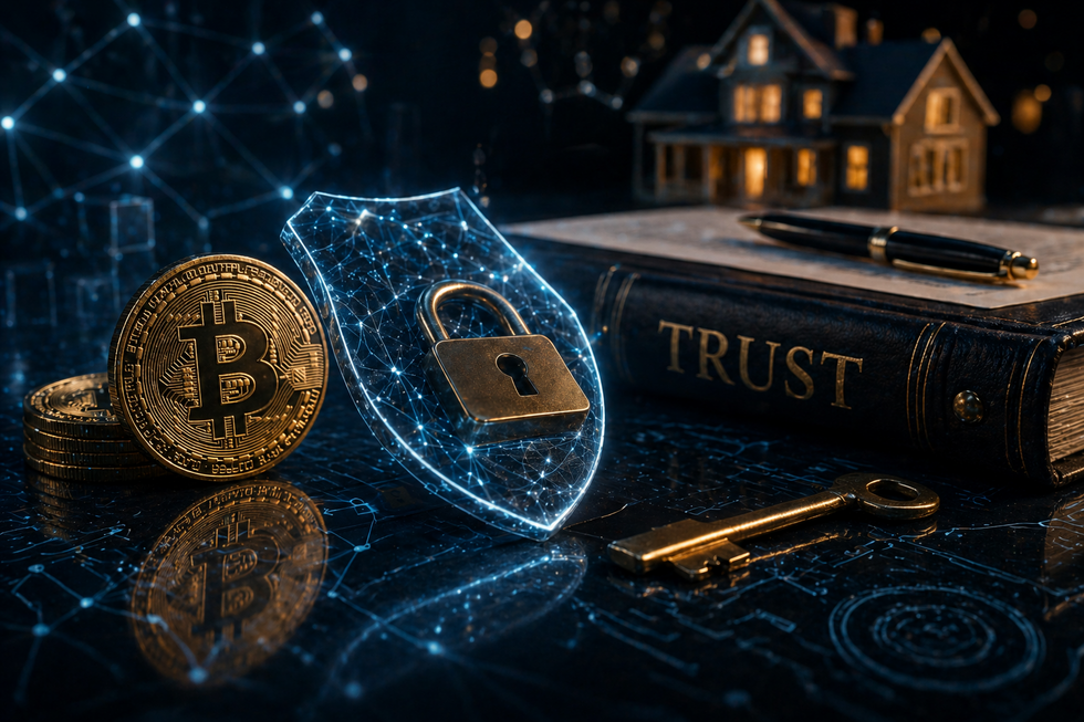 Hardware wallet representing Bitcoin placed next to documents symbolizing a trust
