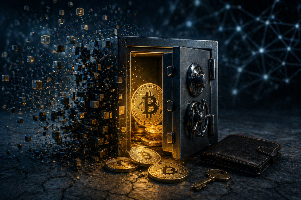 Digital vault with blockchain fragments representing lost crypto access