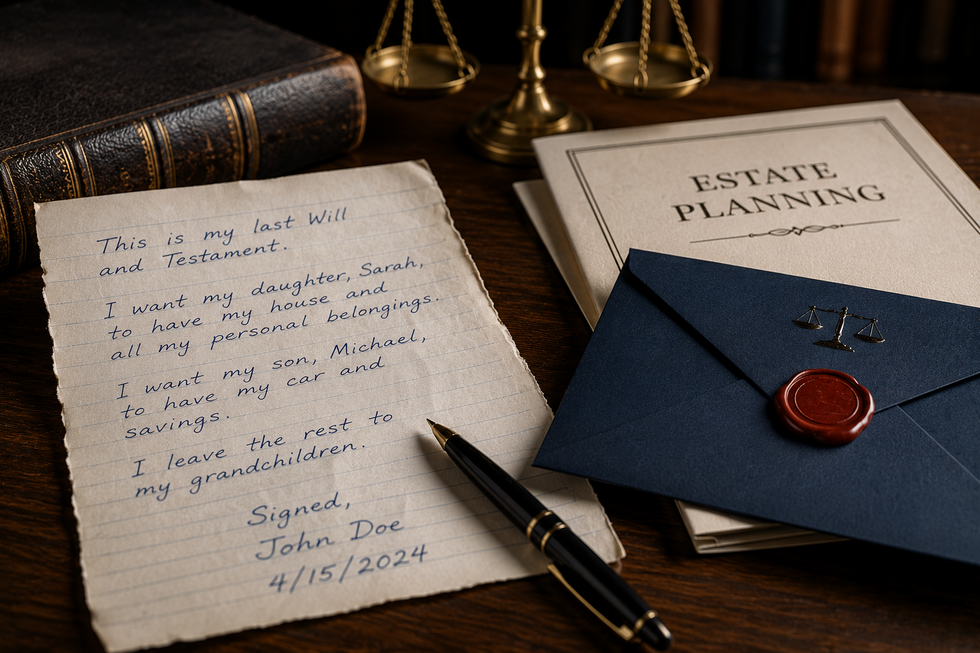 Handwritten will and legal documents representing holographic wills in Florida probate