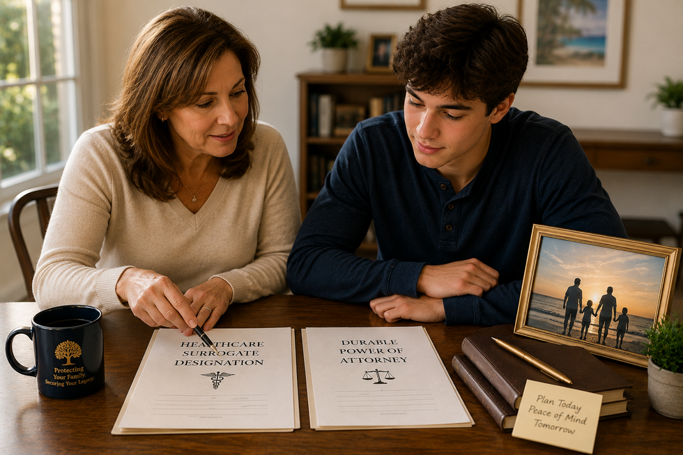 Parent and adult child reviewing healthcare surrogate and power of attorney documents in Florida