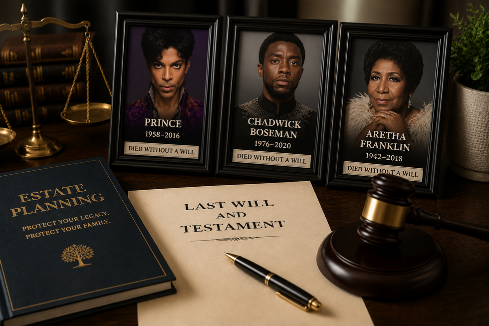 Estate planning documents, gavel, and memorial-style portraits representing celebrities who died without a will and the legal consequences of intestacy.