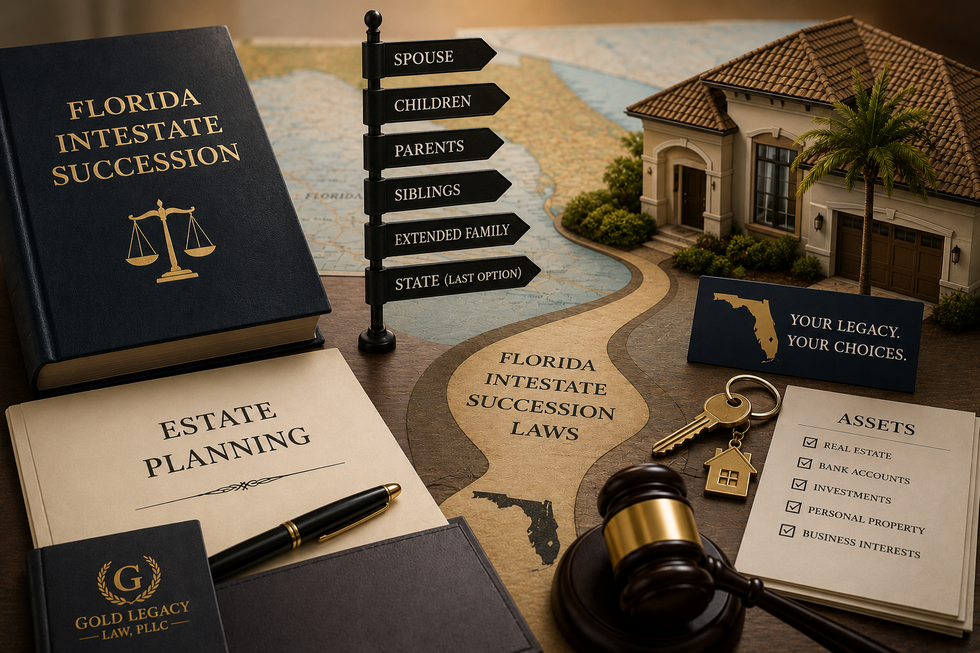 Florida inheritance and probate concept featuring a family home, estate assets, and a pathway representing intestate succession laws.