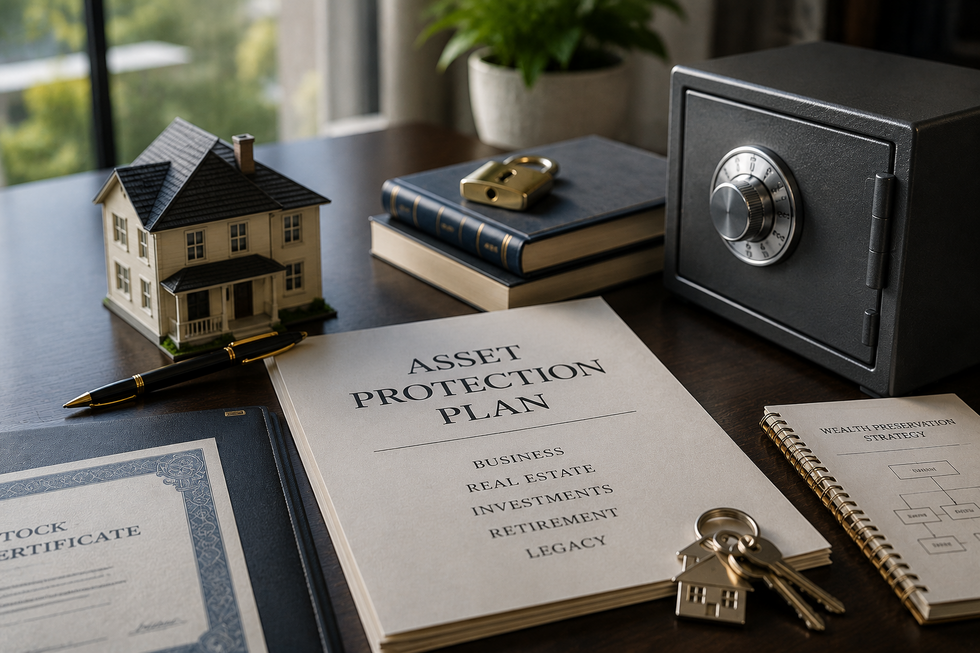 Gold bars, secured vault door, investment portfolio charts, and protected assets symbolizing Florida asset protection planning.