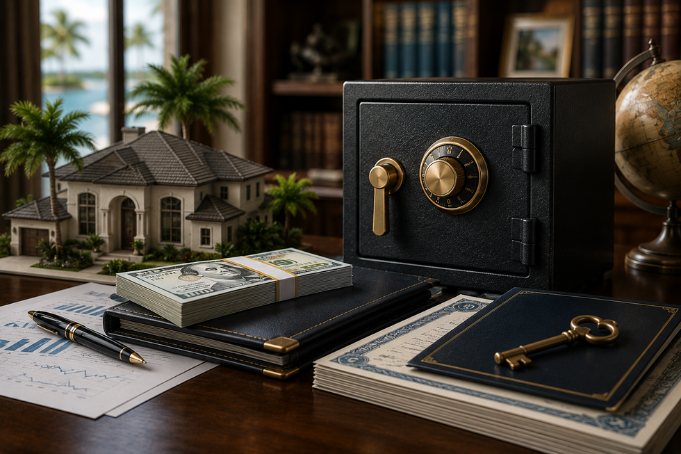 Photorealistic luxury home, investment portfolio, and locked safe symbolizing protection of inherited assets in Florida.