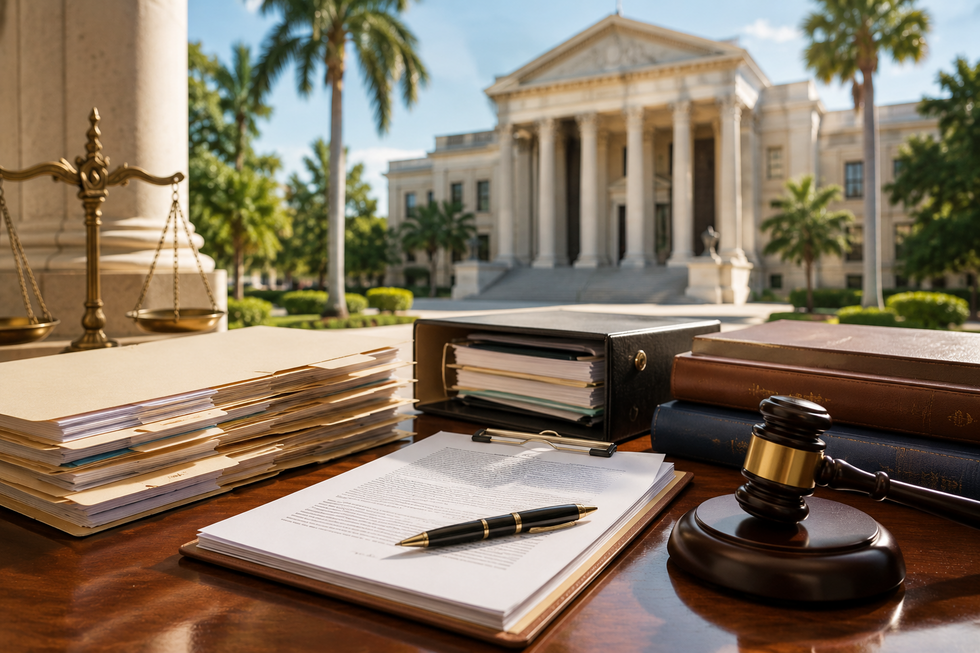 Photorealistic Florida courthouse with probate documents, a judge's gavel, and estate planning files representing Florida summary administration law changes.