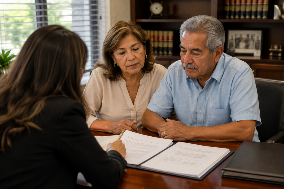 Attorney reviewing trust funding documents with a Florida couple in a modern law office, focusing on estate planning paperwork and asset transfers.