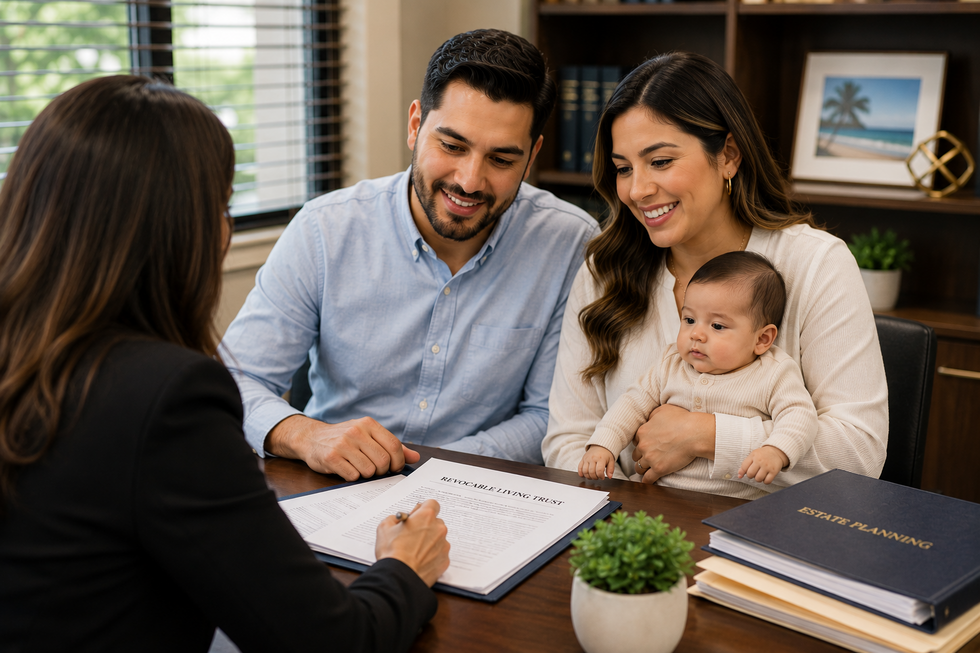 Photorealistic older Hispanic couple reviewing estate planning documents with a Florida attorney whose face is not visible, discussing which assets belong in a revocable living trust.